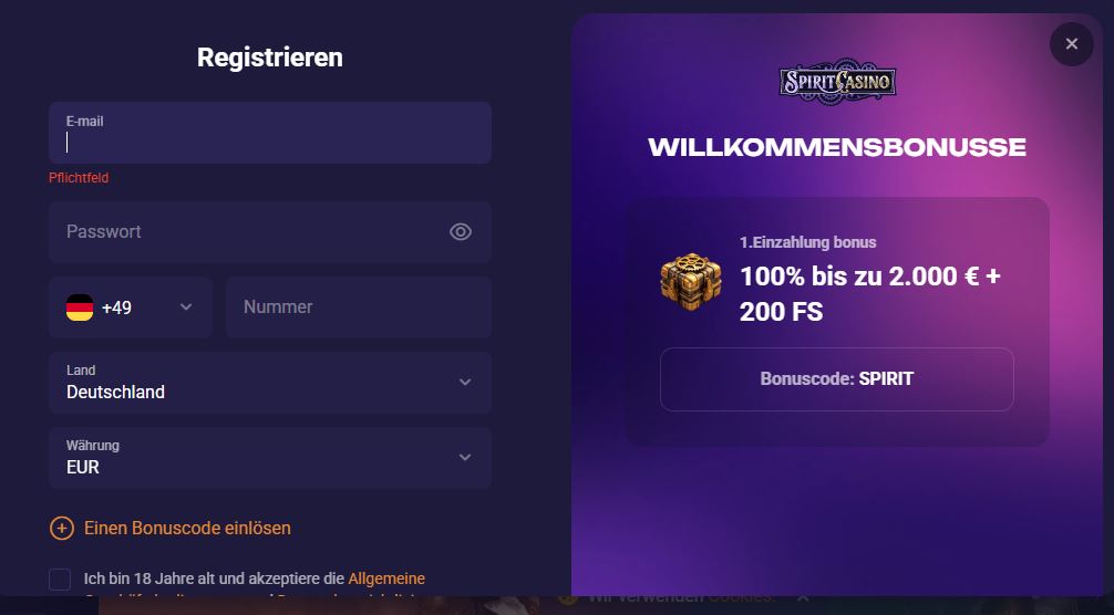 Neues Spirit Casino Konto registrieren